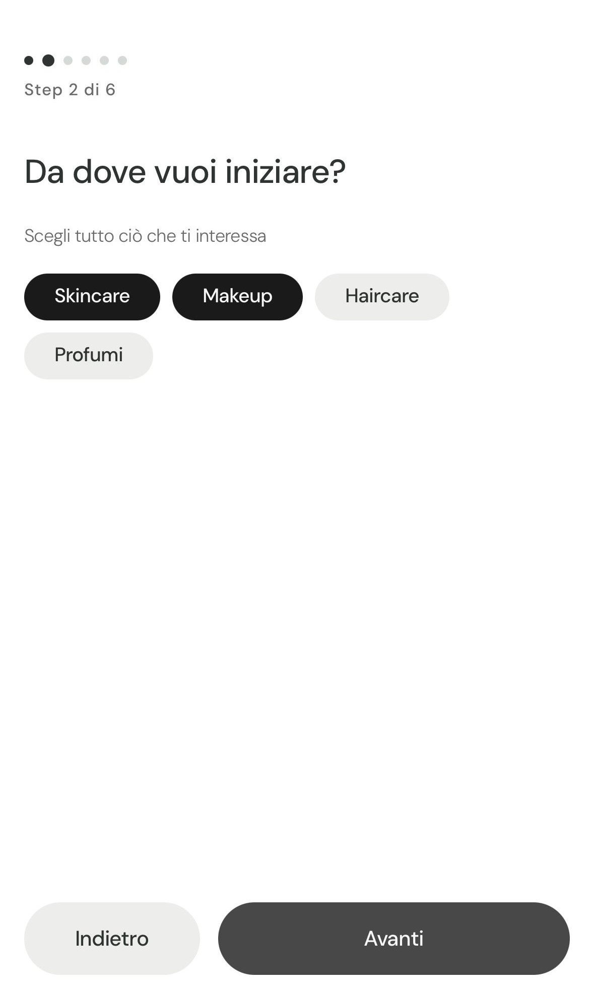 Onboarding feyah — scegli categorie e tipo di pelle